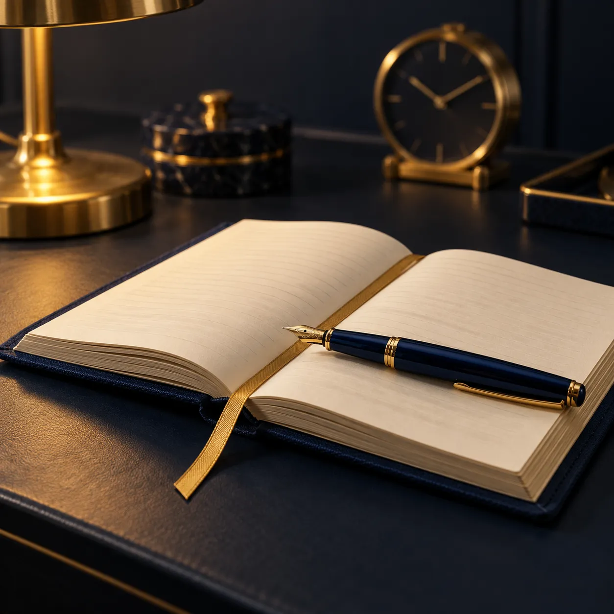 An open navy appointment diary with a gold ribbon bookmark and a fountain pen
