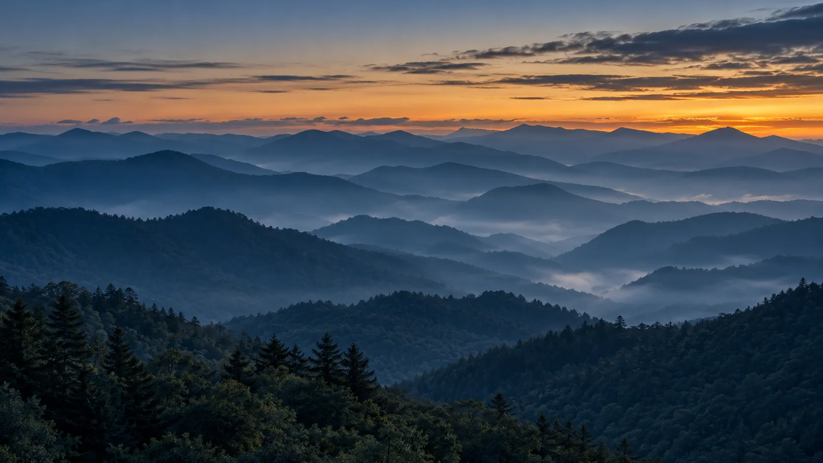 Layered Blue Ridge Mountain ridgelines in western North Carolina at blue hour