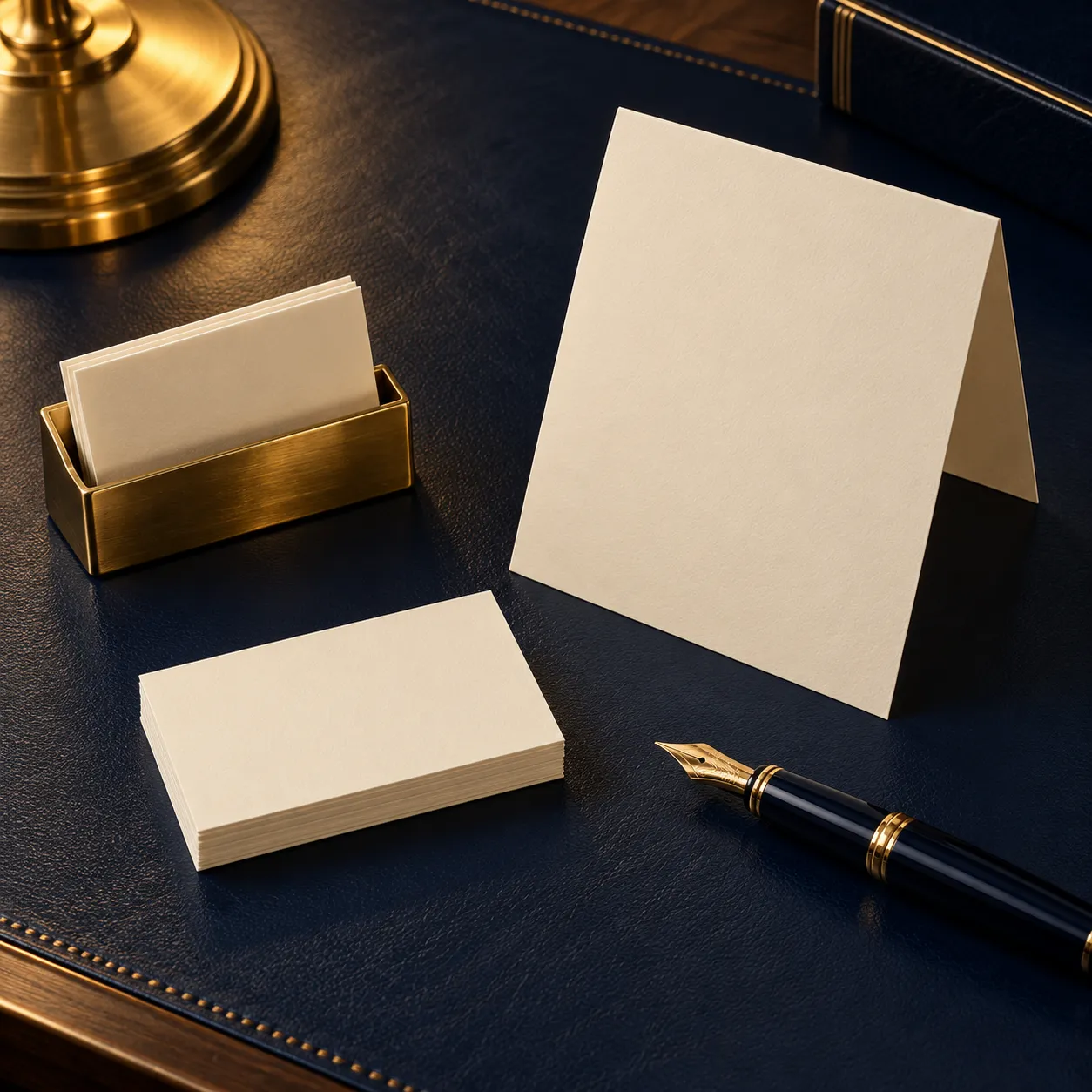 Ivory business cards in a brass holder and a folded flyer on a navy leather desk