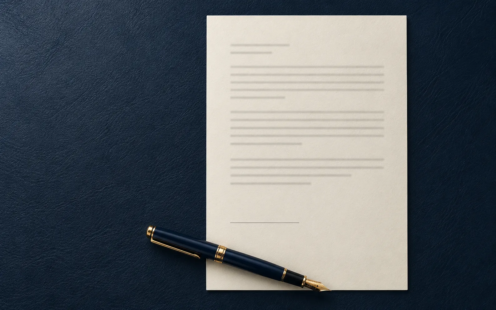 A typed document on a navy desk with an empty signature line and a fountain pen