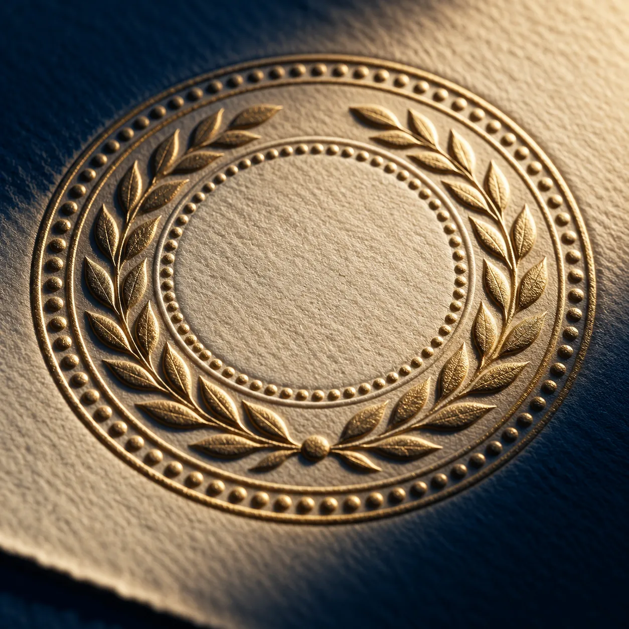 Close-up of a raised embossed seal with a laurel border pressed into heavy ivory paper