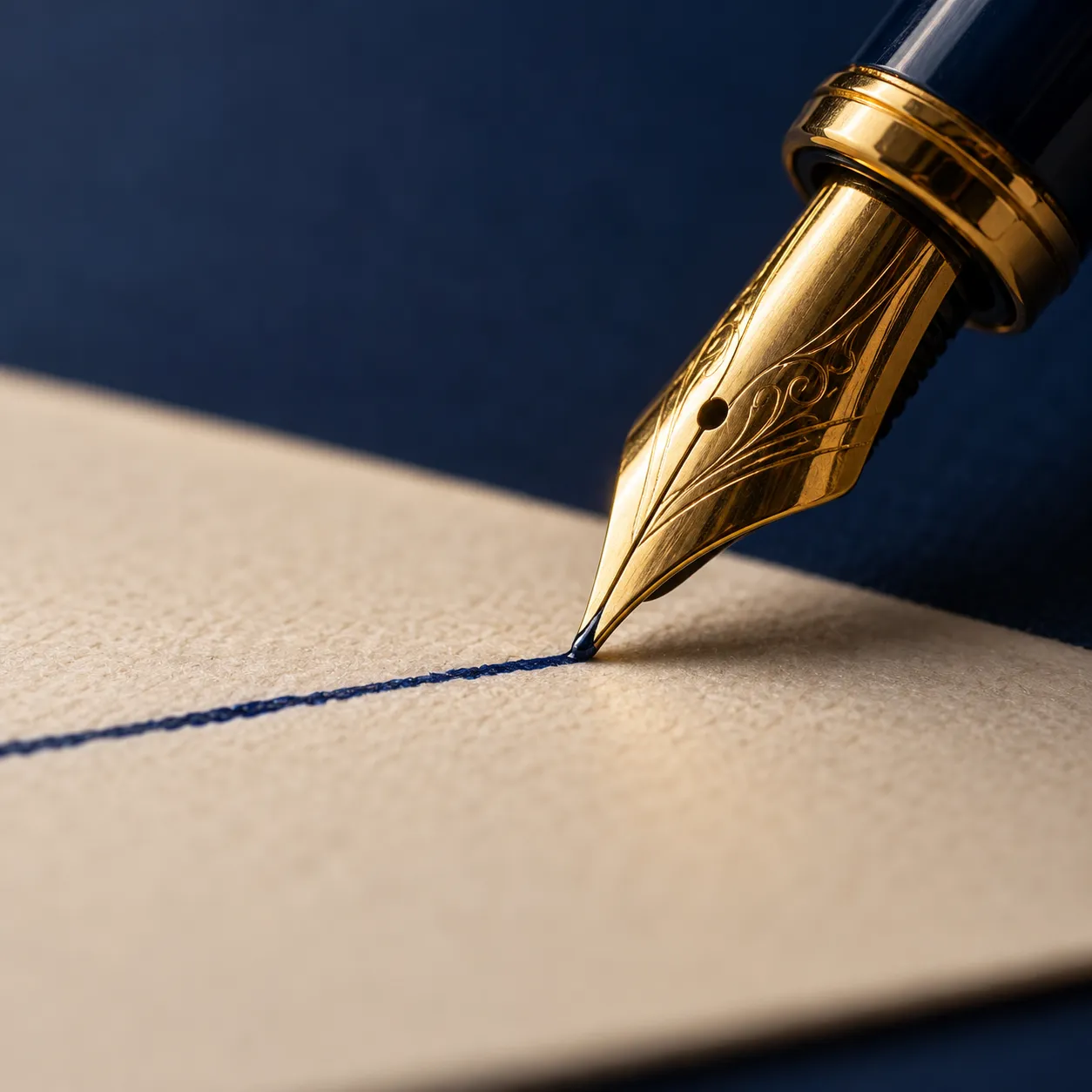 The gold nib of a fountain pen beginning a signature on ivory paper