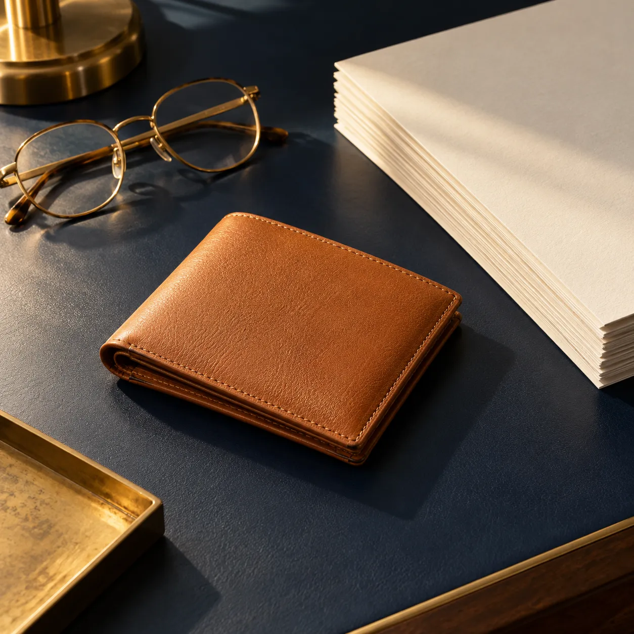 A leather wallet, reading glasses and a stack of documents ready for identity checks