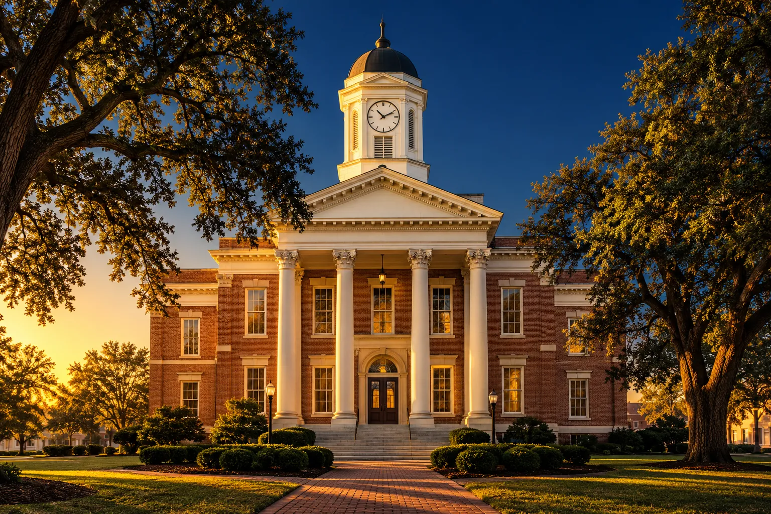 A historic red-brick North Carolina courthouse with a white portico and clock tower at golden hour