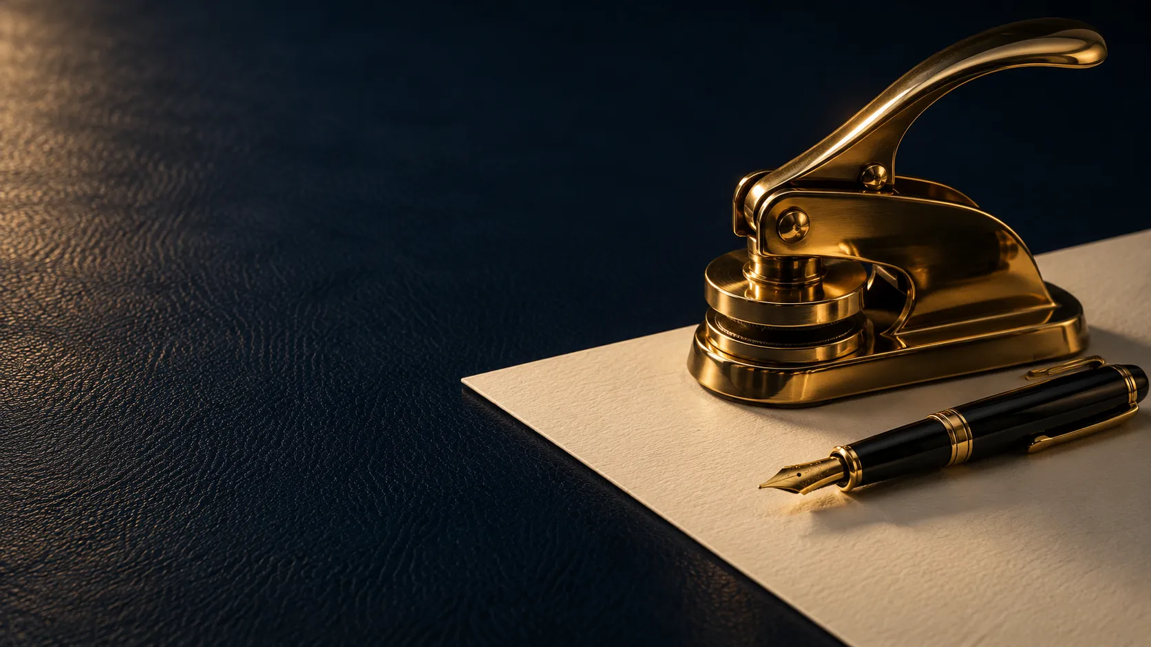 A brass notary embosser and a gold-trimmed fountain pen resting on ivory document paper on a navy leather desk