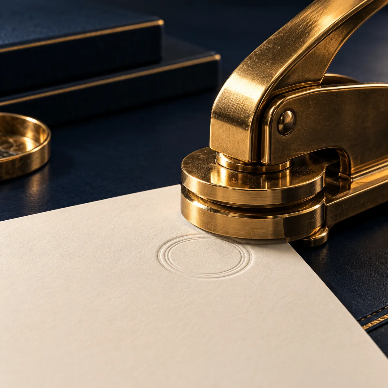 A brass notary embosser pressing a seal into the corner of a document